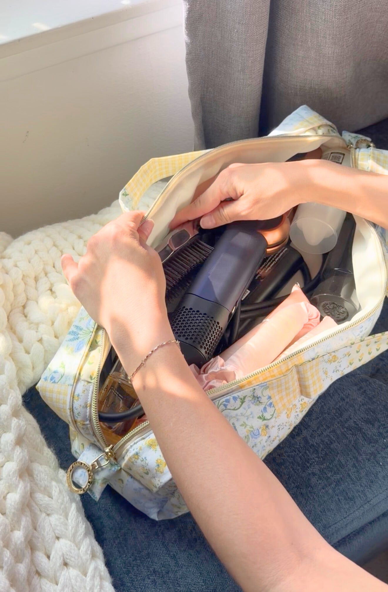 Signature Collection | Handmade Quilted Top Handle Hair Tool Bag - Sunny Meadow Patchwork