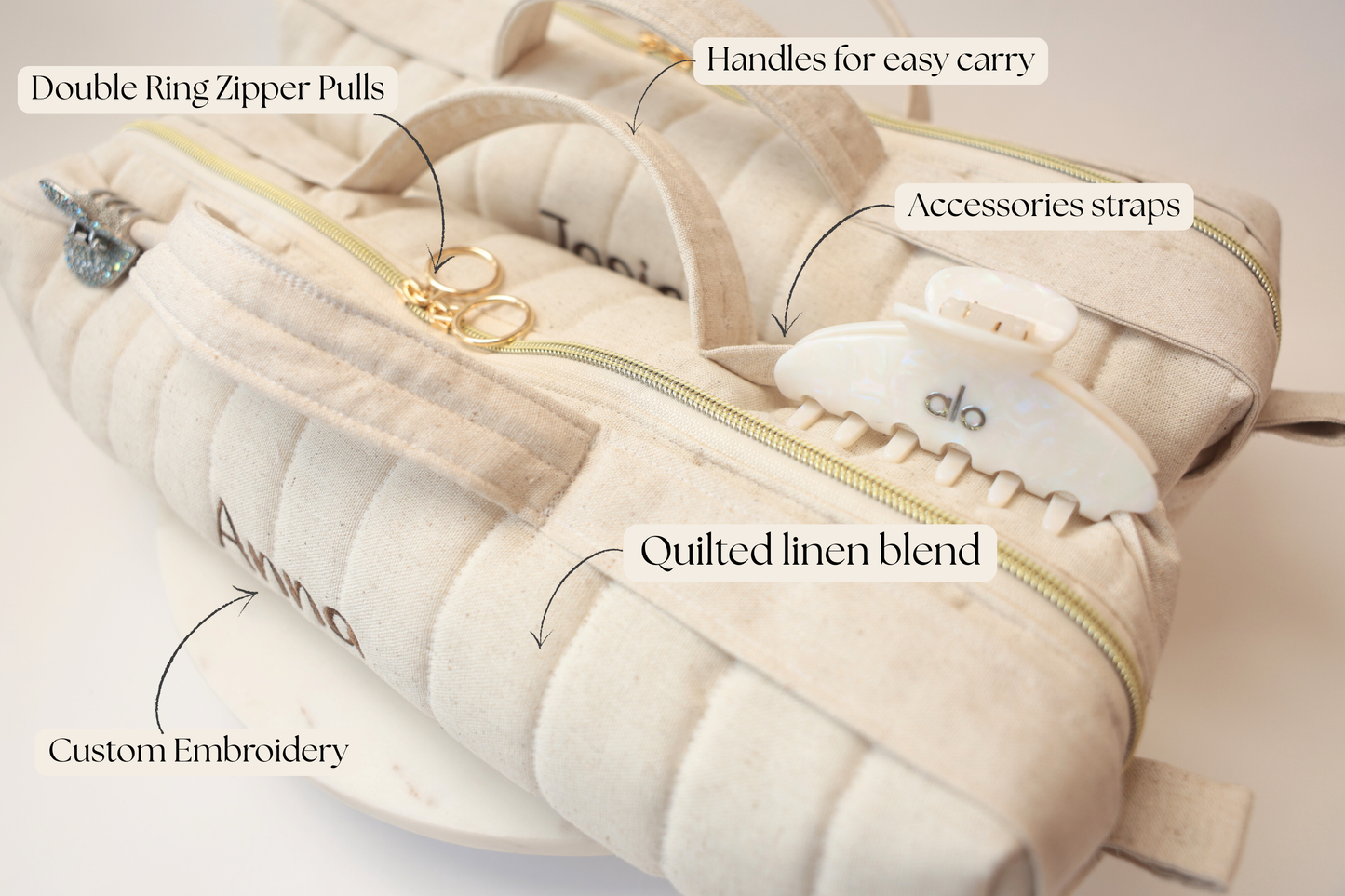 Personalized Handmade Quilted Hair Tool Duffle Bag - Natural Color Linen Blend