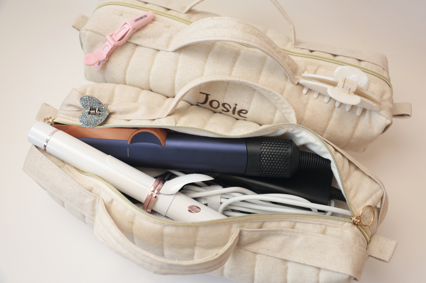 Personalized Handmade Quilted Hair Tool Duffle Bag - Natural Color Linen Blend