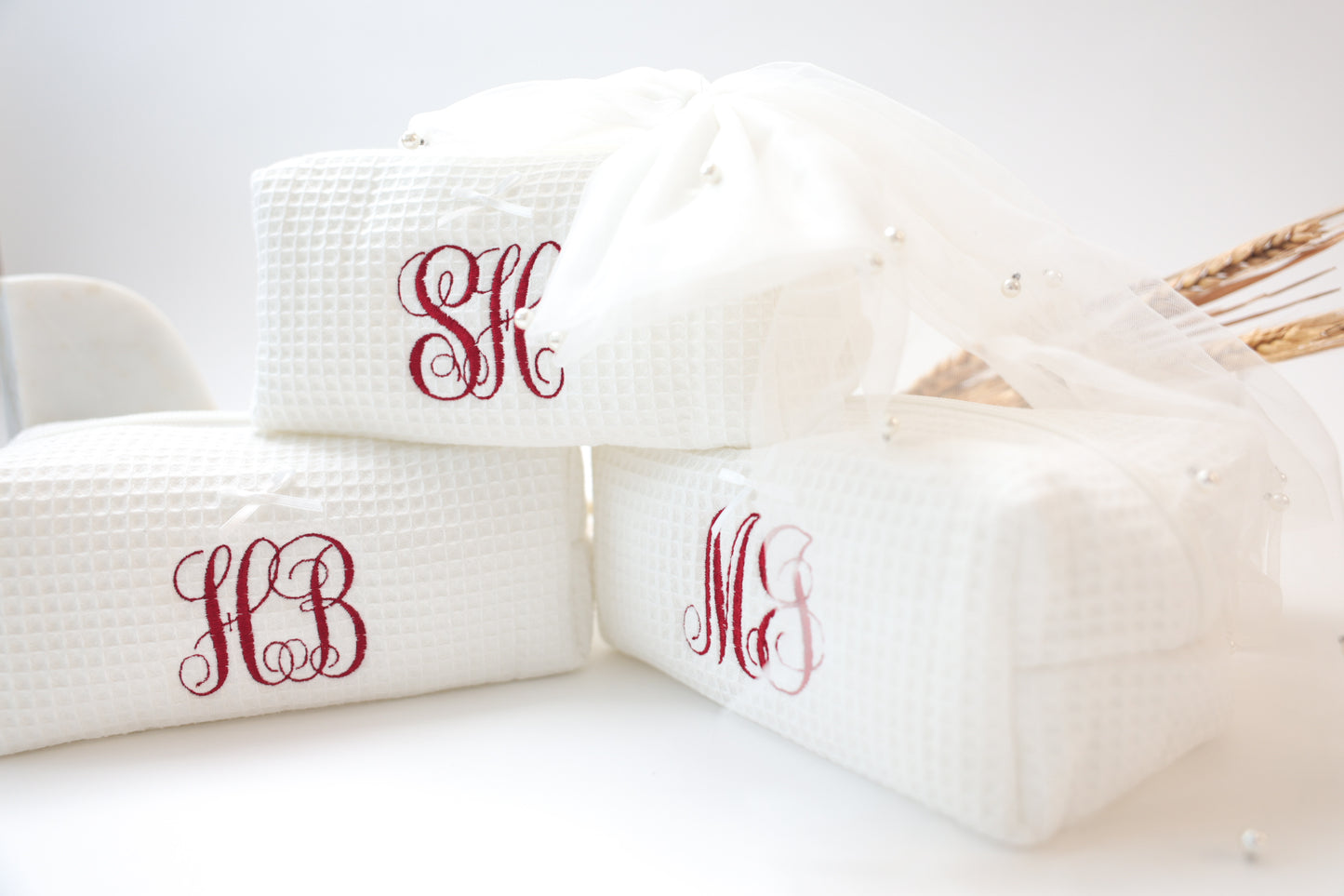 Personalized Monogram Cosmetic Bag | Bachelorette Party Makeup Waffle Pouch, Bride Tribe Gift
