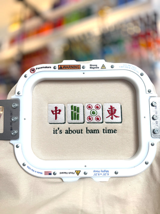Mahjong “It’s About Bam Time” Embroidered Sweatshirt and Hoodie | Funny Mahjong Player Apparel | Mahjong Lover Gift