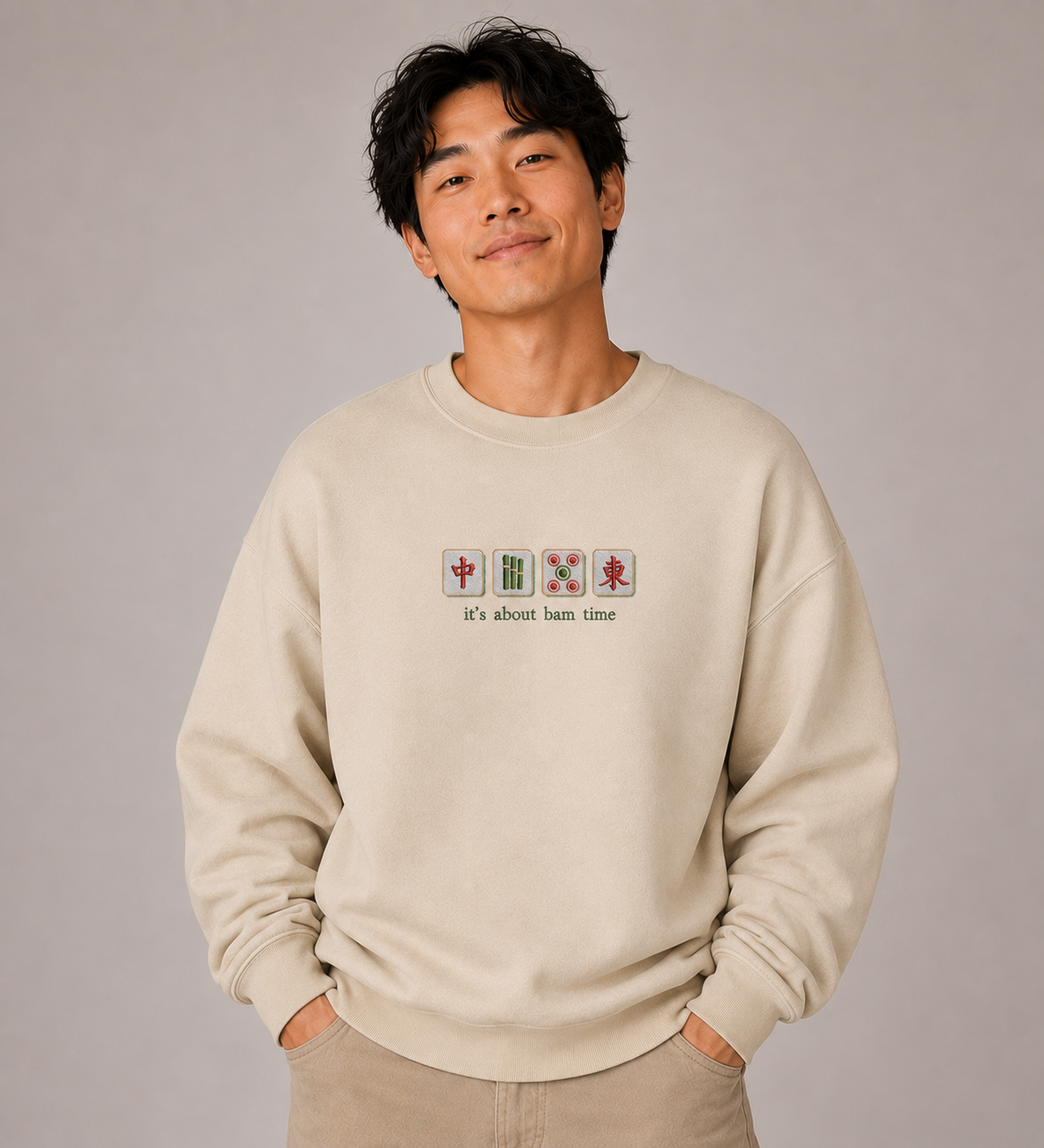 Mahjong “It’s About Bam Time” Embroidered Sweatshirt and Hoodie | Funny Mahjong Player Apparel | Mahjong Lover Gift