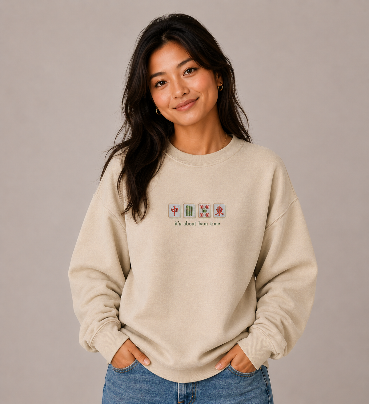 Mahjong “It’s About Bam Time” Embroidered Sweatshirt and Hoodie | Funny Mahjong Player Apparel | Mahjong Lover Gift